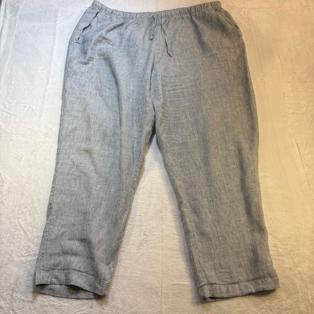 J Jill Linen Pants 2X Blue Stripe Pull On Wide Leg Coastal